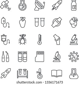 Thin Line Icon Set - satellite antenna vector, book, blood test vial, dropper, microscope, ampoule, real heart, joint, virus, sd, thermometer, rocket, flask