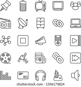 Thin Line Icon Set - satellite antenna vector, reel, archive chest, radio, news, loudspeaker, tv, equalizer, remote control, headphones, laptop pc, phone, share, chain, group, paper pin, battery