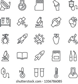 Thin Line Icon Set - satellite antenna vector, book, blood test vial, dropper, microscope, ampoule, real heart, joint, virus, sd, thermometer, rocket, flask