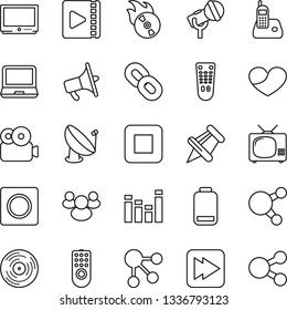 Thin Line Icon Set - satellite antenna vector, vinyl, flame disk, microphone, loudspeaker, equalizer, tv, remote control, laptop pc, radio phone, share, chain, group, heart, paper pin, low battery