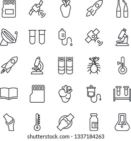 Thin Line Icon Set - satellite antenna vector, book, blood test vial, dropper, microscope, ampoule, real heart, joint, virus, sd, thermometer, rocket, flask