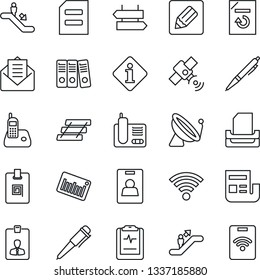 Thin Line Icon Set - satellite antenna vector, escalator, signpost, identity card, pen, document, reload, pulse clipboard, barcode, radio phone, mail, notes, wireless, news, paper binder, tray, pass