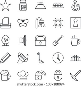 Thin Line Icon Set - satellite antenna vector, taxi, female, shower, sun, lock, shovel, butterfly, greenhouse, pills bottle, disabled, speaker, clock, paper tray, pencil, fruit tree, cook hat, beer
