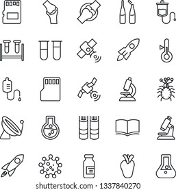 Thin Line Icon Set - satellite antenna vector, book, blood test vial, dropper, microscope, ampoule, real heart, joint, virus, sd, thermometer, rocket, flask