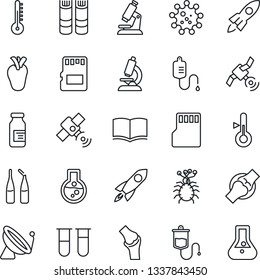 Thin Line Icon Set - satellite antenna vector, book, blood test vial, dropper, microscope, ampoule, real heart, joint, virus, sd, thermometer, rocket, flask