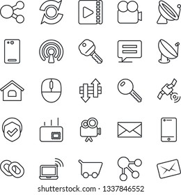 Thin Line Icon Set - satellite antenna vector, wireless notebook, mail, mouse, shield, video camera, cell phone, chain, back, message, data exchange, update, house, key, cart, social media