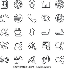 Thin Line Icon Set - satellite vector, network, share, chain, rca, call, sim, data exchange, cellular signal, power plug, wireless lock, router, home control app, social media