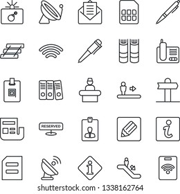Thin Line Icon Set - satellite antenna vector, escalator, bomb in case, reception, identity card, book, pen, document, signpost, radio phone, mail, sim, notes, wireless, news, paper binder, tray