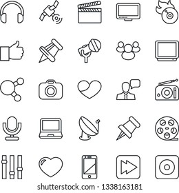 Thin Line Icon Set - satellite antenna vector, clapboard, reel, flame disk, camera, microphone, radio, settings, tv, cell phone, speaker, headphones, monitor, laptop pc, share, group, finger up
