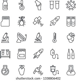 Thin Line Icon Set - satellite antenna vector, book, blood test vial, dropper, microscope, ampoule, real heart, joint, virus, sd, thermometer, rocket, flask