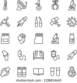 Thin Line Icon Set - satellite antenna vector, book, blood test vial, dropper, microscope, ampoule, real heart, joint, virus, sd, thermometer, rocket, flask
