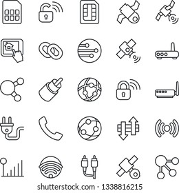 Thin Line Icon Set - satellite vector, network, share, chain, rca, call, sim, data exchange, cellular signal, wireless, power plug, lock, router, home control app, social media