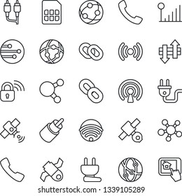 Thin Line Icon Set - satellite vector, network, share, chain, rca, call, sim, data exchange, cellular signal, wireless, power plug, lock, home control app