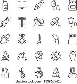 Thin Line Icon Set - satellite antenna vector, book, dropper, microscope, ampoule, real heart, joint, virus, sd, thermometer, rocket, flask