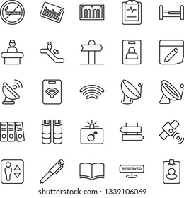 Thin Line Icon Set - satellite antenna vector, elevator, escalator, no smoking, signpost, bomb in case, reception, book, pulse clipboard, barcode, notes, wireless, identity card, paper binder, pen