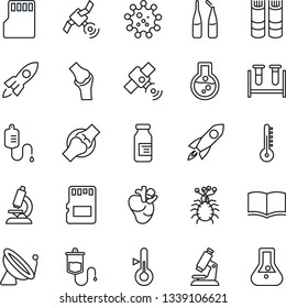 Thin Line Icon Set - satellite antenna vector, book, blood test vial, dropper, microscope, ampoule, real heart, joint, virus, sd, thermometer, rocket, flask