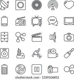 Thin Line Icon Set - satellite antenna vector, clapboard, vinyl, archive chest, camera, radio, speaker, tv, video, dialog, phone, heart, battery, low, pause button, jack connector, record