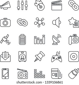 Thin Line Icon Set - satellite antenna vector, clapboard, flame disk, camera, radio, news, speaker, loudspeaker, gamepad, settings, equalizer, cell phone, share, chain, favorites list, paper pin