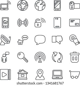 Thin Line Icon Set - satellite antenna vector, wireless notebook, speaking man, house, navigation, earth, video camera, touch screen, laptop pc, finger down, mail, mobile, phone back, message, key