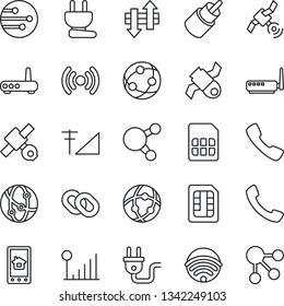 Thin Line Icon Set - satellite vector, network, share, chain, rca, call, sim, data exchange, cellular signal, wireless, power plug, router, home control app, social media