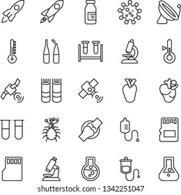 Thin Line Icon Set - satellite antenna vector, book, blood test vial, dropper, microscope, ampoule, real heart, joint, virus, sd, thermometer, rocket, flask
