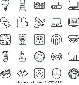 Thin Line Icon Set - satellite antenna vector, mouse, notebook pc, ladder, implant, office phone, route, video camera, remote control, touch screen, laptop, rec button, mobile, eye id, fingerprint