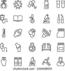 Thin Line Icon Set - satellite antenna vector, book, blood test vial, dropper, microscope, ampoule, real heart, joint, virus, sd, thermometer, flask