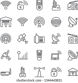 Thin Line Icon Set - satellite antenna vector, wireless notebook, office phone, radio, remote control, cellular signal, lock, router, garage gate