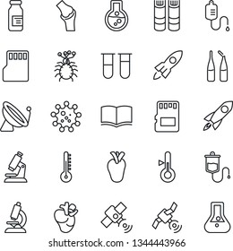 Thin Line Icon Set - satellite antenna vector, book, blood test vial, dropper, microscope, ampoule, real heart, joint, virus, sd, thermometer, rocket, flask