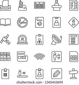 Thin Line Icon Set - satellite antenna vector, elevator, escalator, no smoking, reception, identity card, book, document, reload, barcode, radio phone, sim, notes, wireless, news, paper binder, tray