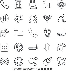 Thin Line Icon Set - satellite vector, network, share, rca, call, sim, data exchange, cellular signal, wireless, power plug, lock, router, social media
