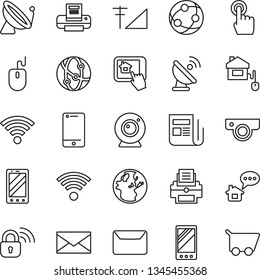 Thin Line Icon Set - satellite antenna vector, mobile phone, mail, mouse, news, network, cell, touch screen, wireless, cellular signal, printer, home control, lock, web camera, app, message, earth