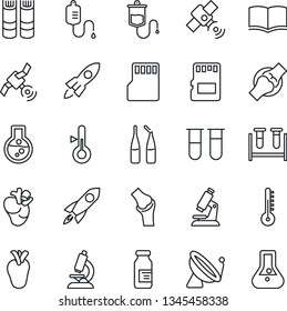 Thin Line Icon Set - satellite antenna vector, book, blood test vial, dropper, microscope, ampoule, real heart, joint, sd, thermometer, rocket, flask