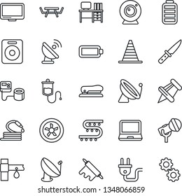 Thin Line Icon Set - satellite antenna vector, border cone, desk, hose, picnic table, drip irrigation, blood pressure, dropper, microphone, monitor, laptop pc, speaker, paper pin, battery, stapler
