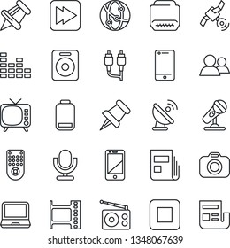 Thin Line Icon Set - satellite antenna vector, film frame, camera, microphone, radio, tv, equalizer, remote control, network, cell phone, laptop pc, speaker, group, paper pin, low battery, rca, hdmi