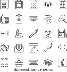 Thin Line Icon Set - satellite antenna vector, signpost, bomb in case, reception, book, pen, document, pulse clipboard, barcode, radio phone, mail, sim, notes, wireless, news, identity card, bedroom