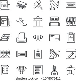 Thin Line Icon Set - satellite antenna vector, escalator, document, pulse clipboard, signpost, office phone, barcode, mail, sim, notes, wireless, news, identity card, paper binder, tray, bedroom