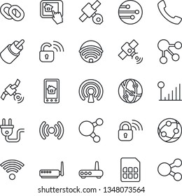 Thin Line Icon Set - satellite vector, network, share, chain, rca, call, sim, cellular signal, wireless, power plug, lock, router, home control app, social media