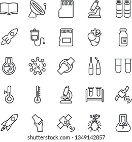 Thin Line Icon Set - satellite antenna vector, book, blood test vial, dropper, microscope, ampoule, real heart, joint, virus, sd, thermometer, rocket, flask
