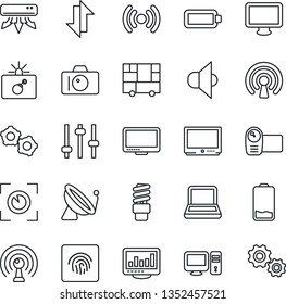 Thin Line Icon Set - satellite antenna vector, bomb in case, camera, gear, consolidated cargo, speaker, tv, video, monitor, low battery, tuning, data exchange, fingerprint id, statistics, wireless