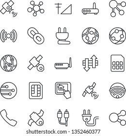 Thin Line Icon Set - satellite vector, network, share, chain, rca, call, sim, data exchange, cellular signal, wireless, power plug, router, home control app, social media