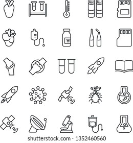 Thin Line Icon Set - satellite antenna vector, book, blood test vial, dropper, microscope, ampoule, real heart, joint, virus, sd, thermometer, rocket, flask