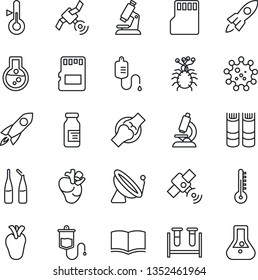 Thin Line Icon Set - satellite antenna vector, book, blood test vial, dropper, microscope, ampoule, real heart, joint, virus, sd, thermometer, rocket, flask