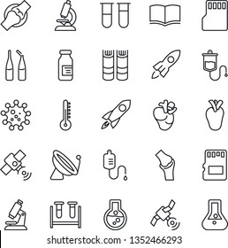 Thin Line Icon Set - satellite antenna vector, book, blood test vial, dropper, microscope, ampoule, real heart, joint, virus, sd, thermometer, rocket, flask