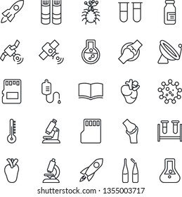 Thin Line Icon Set - satellite antenna vector, book, blood test vial, dropper, microscope, ampoule, real heart, joint, virus, sd, thermometer, rocket, flask