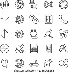 Thin Line Icon Set - satellite vector, network, chain, rca, call, sim, data exchange, cellular signal, wireless, power plug, lock, router, home control app, social media