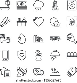 Thin Line Icon Set - satellite antenna vector, arrival, airport bus, waiting area, water drop, rain, heart, blood pressure, shield, cash, office phone, heavy scales, speaker, favorites list, mobile