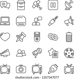 Thin Line Icon Set - satellite antenna vector, reel, camera, microphone, loudspeaker, tv, remote control, dialog, speaker, laptop pc, chain, group, favorites list, heart, paper pin, battery, hdmi