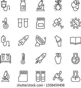 Thin Line Icon Set - satellite antenna vector, book, blood test vial, dropper, microscope, ampoule, real heart, joint, virus, sd, thermometer, rocket, flask