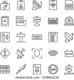 Thin Line Icon Set - satellite antenna vector, elevator, no smoking, signpost, bomb in case, reception, identity card, document, reload, pulse clipboard, barcode, sim, wireless, face id, news, pen